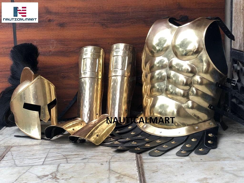 King Leonidas 300 Spartan Brass Helmet W/Black Plume Medieval Muscle Armor Jacket Leg Or Arm Guard - Brass Antique