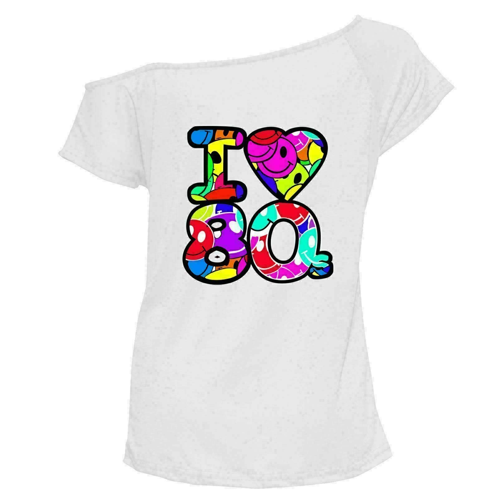 REAL LIFE FASHION LTD Ladies Smile Face I Love 80s Basic Tee Cap Sleeve Shirt Womens 1980s Night Out Party Wear Off Shoulder T-Shirt Top (Smile Faces White UK 20-22)
