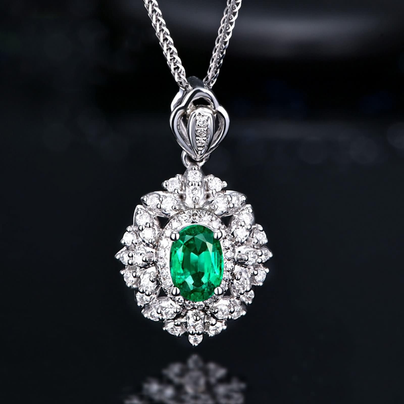 9K / 14K / 18K White Gold Necklace for Women, Flower and Oval with 1.02ct and Diamond Emerald, Pendant Necklace Silver Green Women