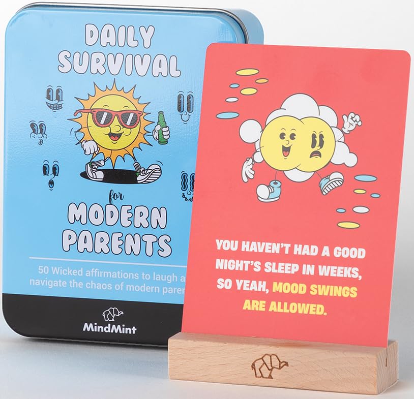 MindMint New Parent Gift for Couples - 50 Funny Affirmation Cards for Parenthood - Dark Humor Gifts for New Mom and Dad in Tin Box with Wooden Stand