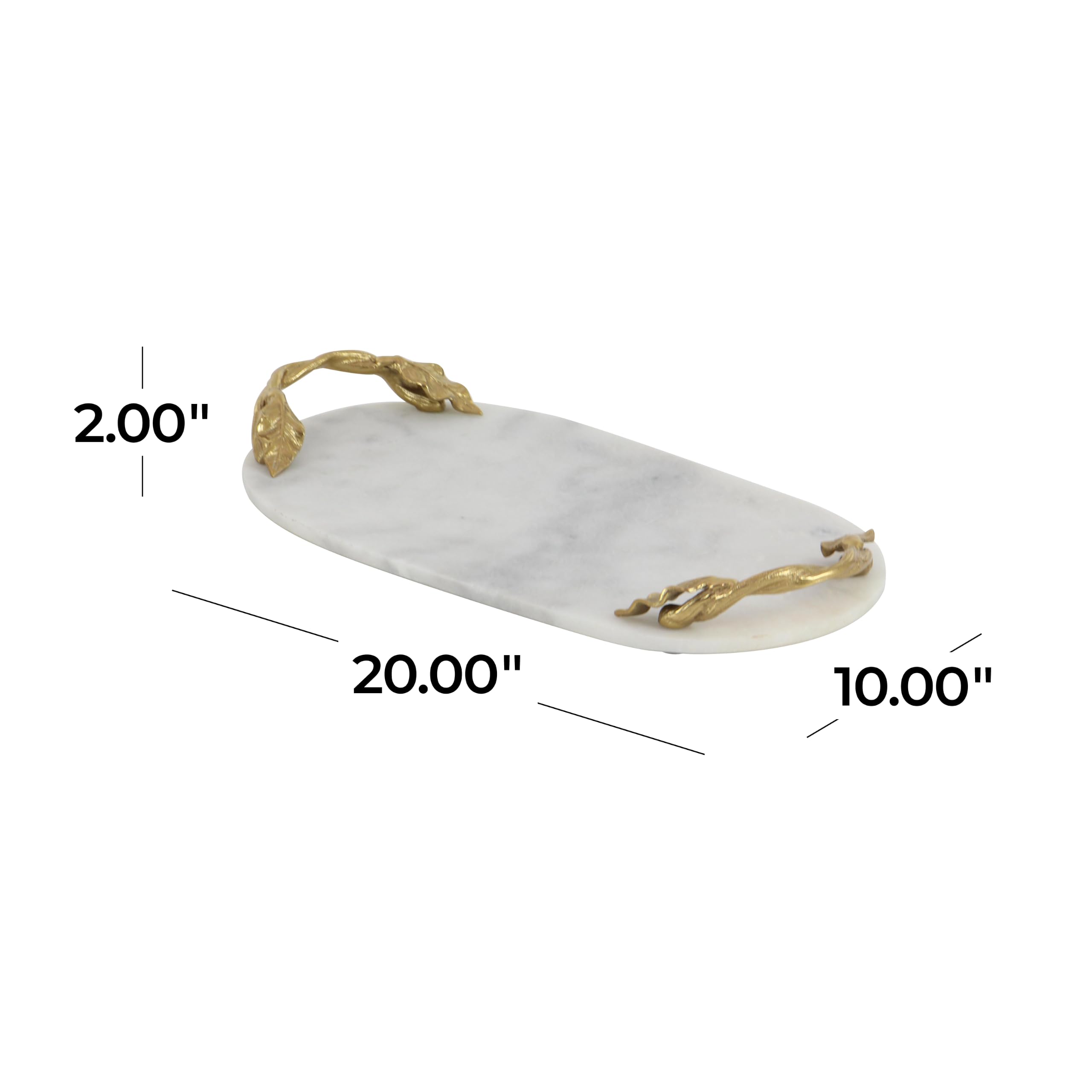 Deco 79 Bandeja Ovalada de mármol con Asas de Hojas Trenzadas Doradas, 20" x 10" x 2", Blanco