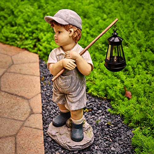 Floryden Solar Boy Statue, Garden Boy Statues With Solar Powered Led Light For Garden, Patio, Lawn, Yard, Housewarming, Thanksgiving, Arbor Day, Hand-Painted Sculpted Figure, 17.5”H Resin #TOP2