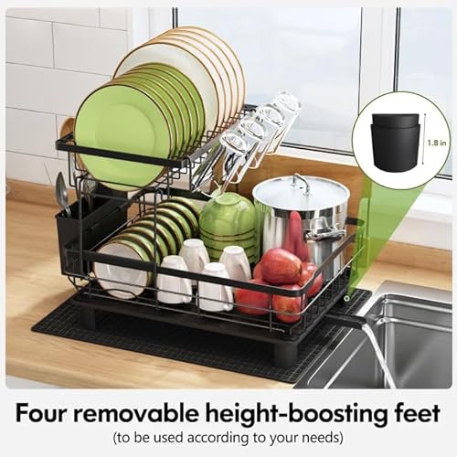 2 Tier Dish Drainer Rack, 2 Tier Dish Drainer with Drip Tray and Drying Mat, Stainless Steel Dish Drying Rack with 360° Swivel Drainage Spout, Utensil Holder, Cup Holder, Cutting-Board Holder, Black - Image 6