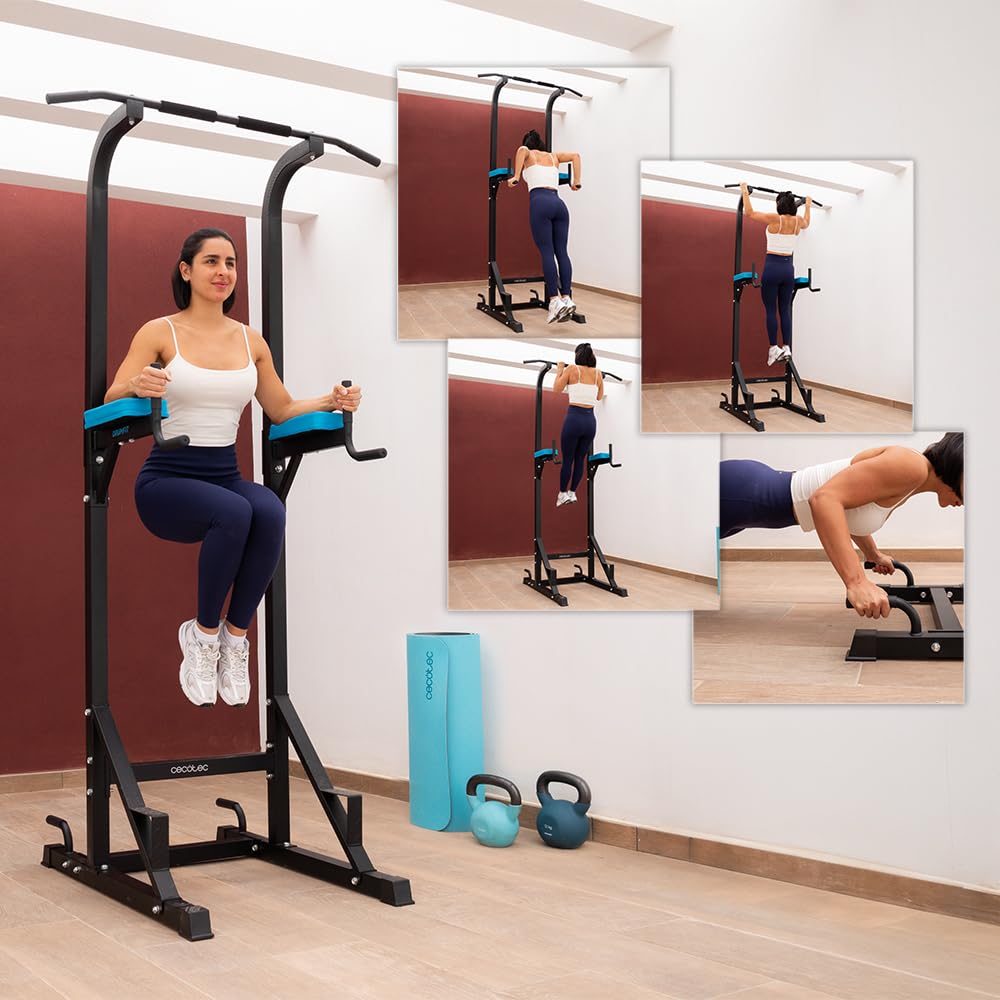 Cecotec Sbarra Trazioni per Dips Drumfit Pullups 4000. Torre Multistazione di Muscolazione, Rack di Dominate e Sfondi Imbottito con Impugnature Antiscivolo, Altezza Regolabile, Peso Massimo 150 Kg