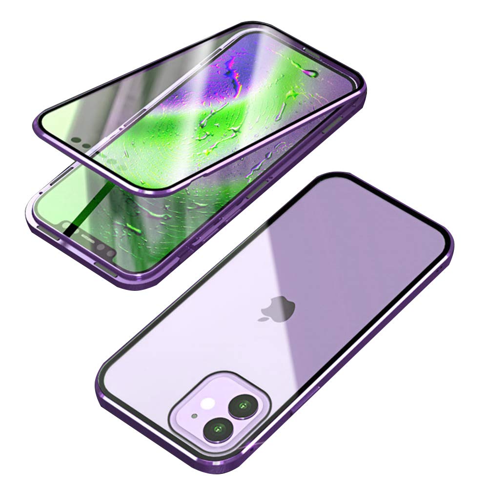 Glass Case for iPhone 12 mini, Metal Frame Magnetic Adsorption Case Double-Sided 9H Tempered Glass Aluminum Shockproof Bumper 360 Protection Cover Anti-scratch Clear Case, Purple