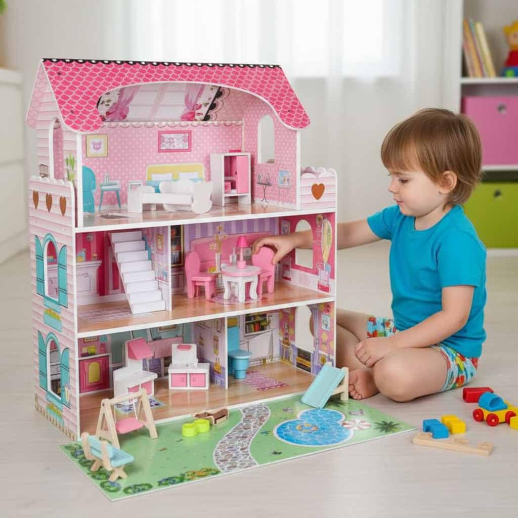 Casa delle Bambole in Legno con Giardino, LED - Rosa - Grande 70 x 61 x 51 cm