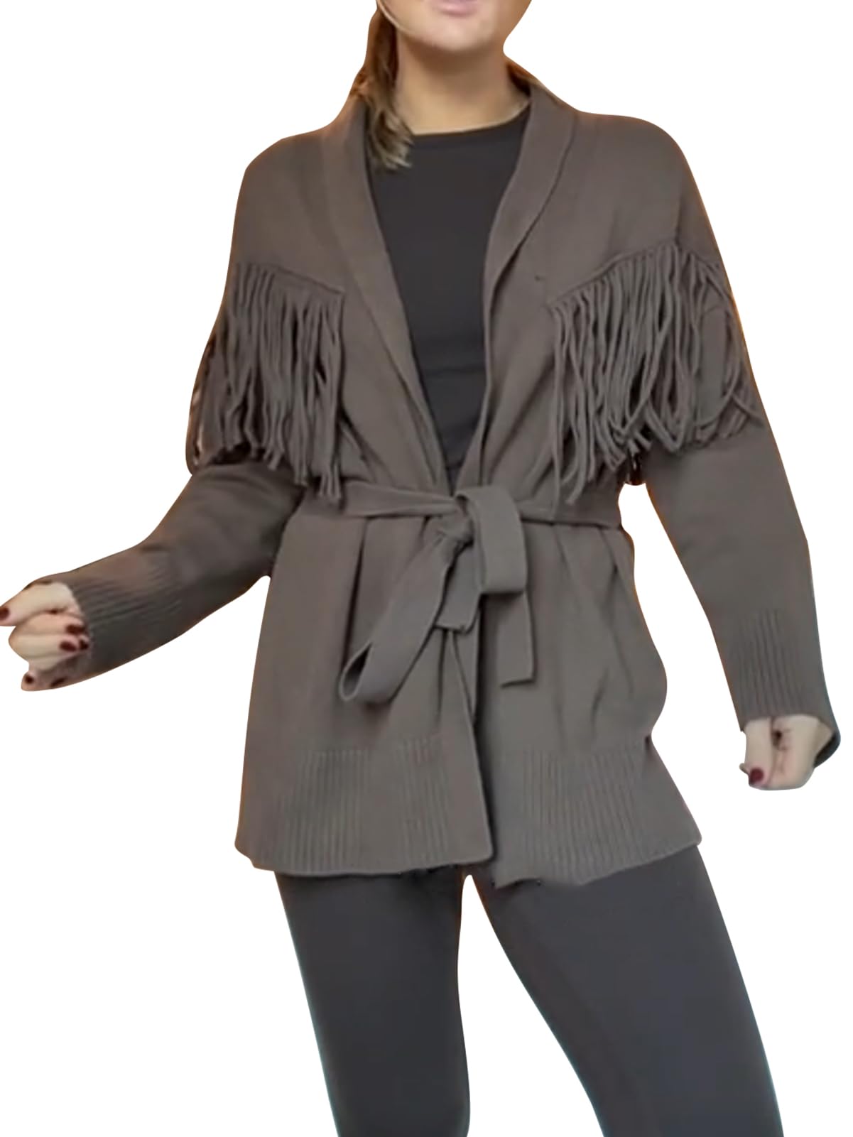 Womens Fringe Knit Cardigan with Tie Waist Oversized Open Front Sweater Coat Casual Boho Fall Winter Outfits