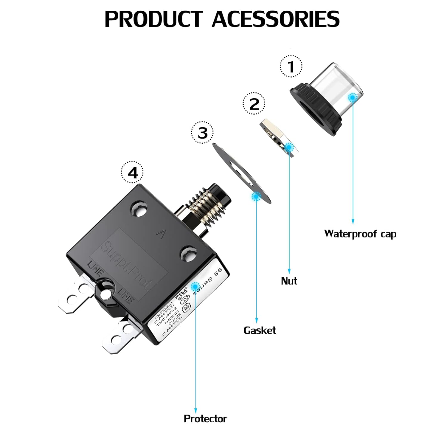 Thermal Circuit Breaker,98 Series 5A 125/250VAC 32VDC Circuit Breaker Push-Button Reset with Quick Connect Terminals and Waterproof Button Cover 20cm Terminal Wire 5Amp 2Pcs