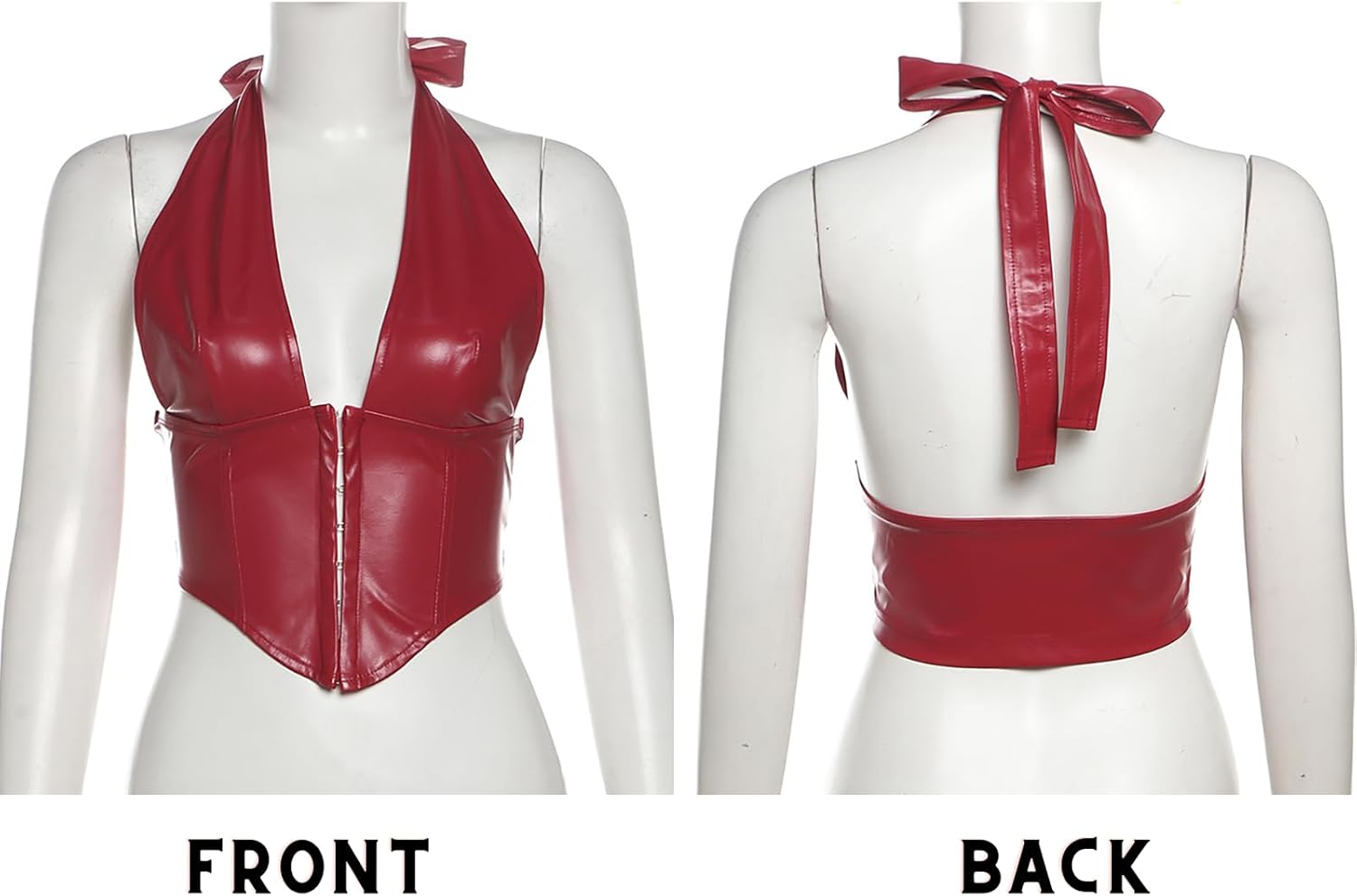 BAIMORE Women's Sexy PU Leather Deep V Neck Hook Eye Backless Asymmetrical Crop Halter Top - Image 4