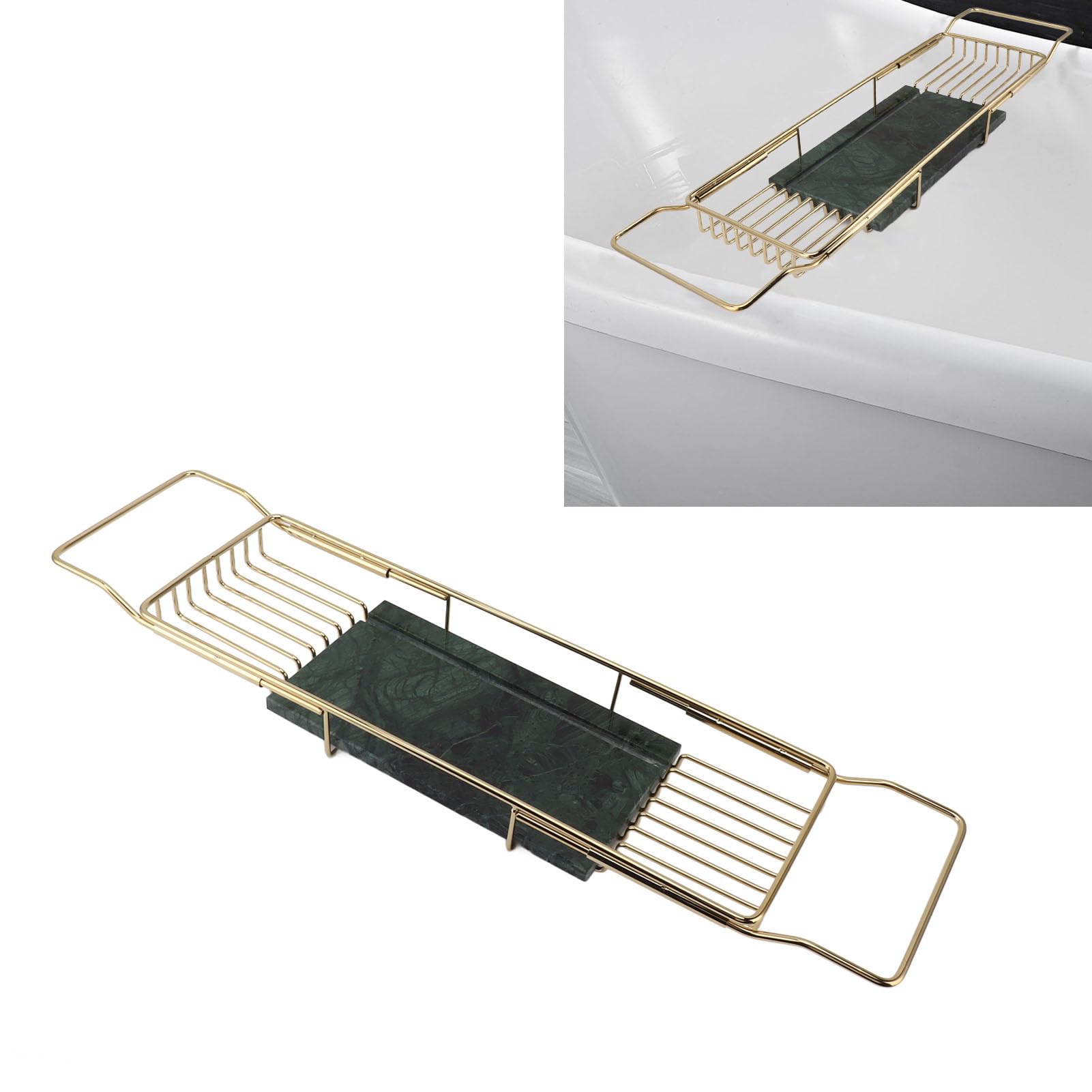 Bandeja de bañera expandible de lujo con diseño de metal y mármol, elegante estante para bañera a través de la bañera para baño (verde dorado)
