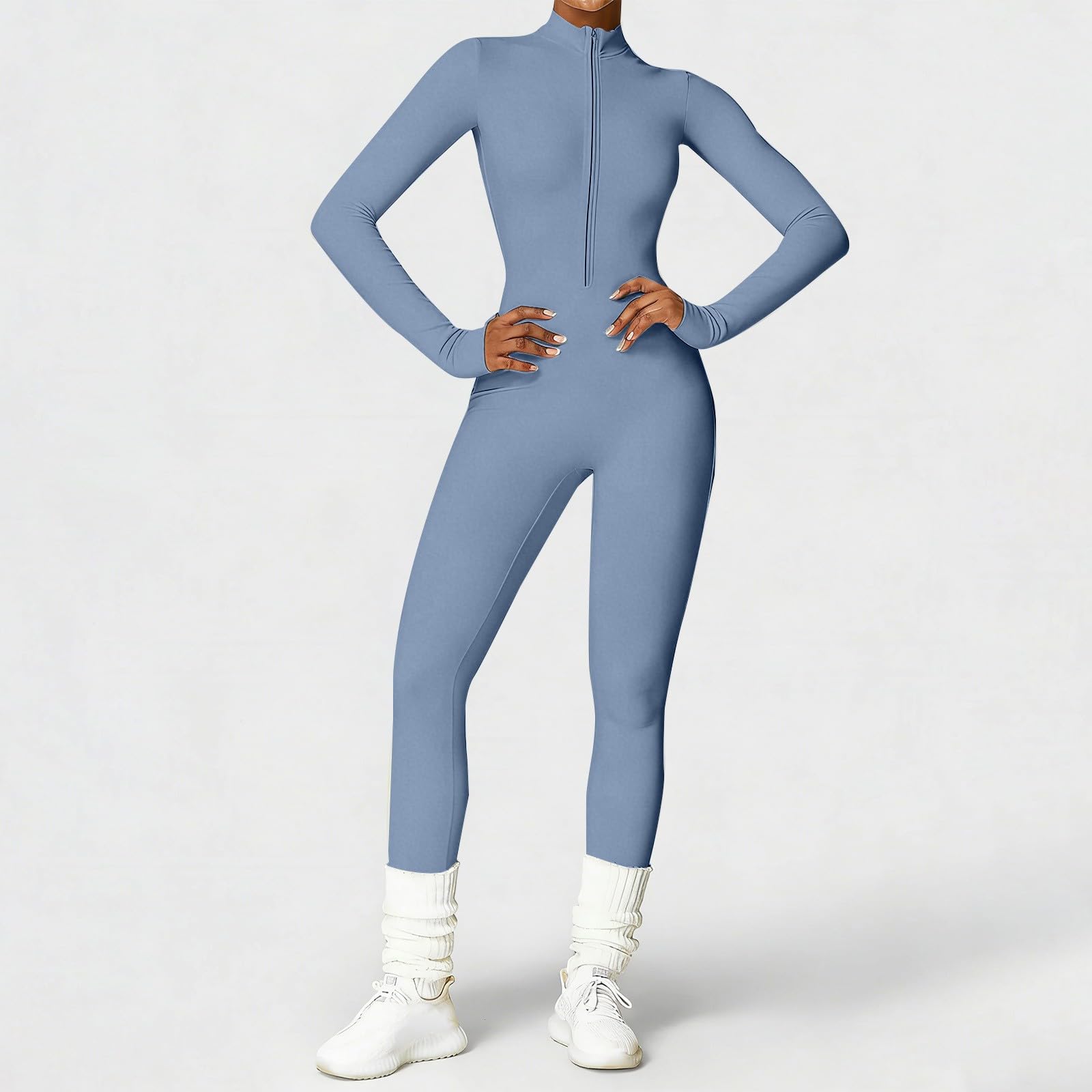 Generisch Tuta sportiva da donna, lunga, per yoga, sexy, aderente | Tutina elastica con cerniera, a maniche lunghe, con scollo a V, senza cuciture, per palestra, fitness, jogging