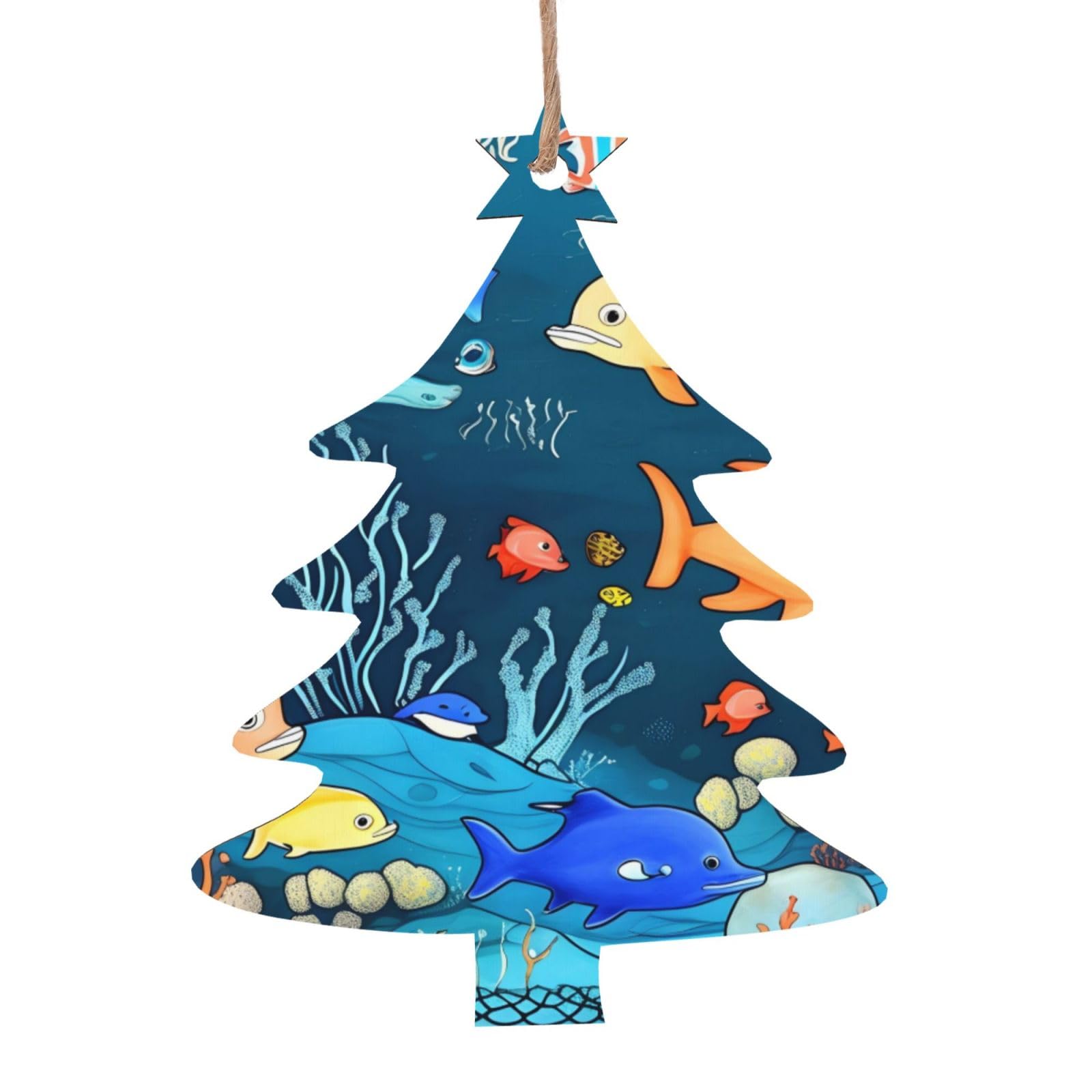 Blue Underwater World of Fish Printed Christmas Wooden Pendants, Simple and Environmentally Friendly, Holiday decorationsã€‚