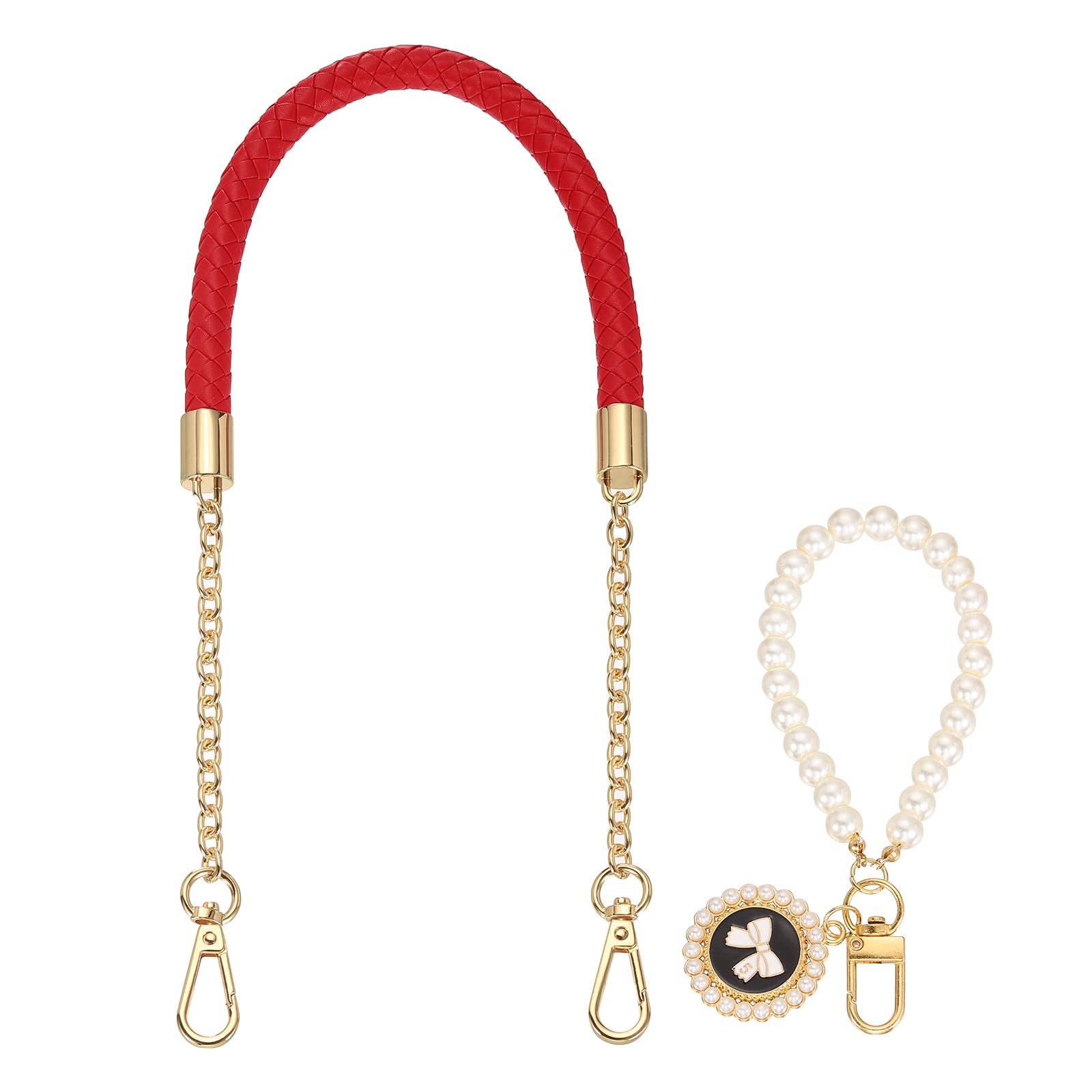 sourcing map PU Leather Chain Purse Strap, 24.4 Inch Braided Purse Handle Replacement with Pearl Pendant for Handbags Underarm Bag Tote (Red, Light Gold Buckle)