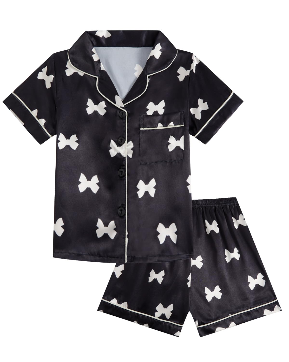 JiAmy - Pijama de manga corta para niñas, pijamas de verano de satén para niños, 2 piezas, ropa de dormir con botones, estampado de lazo de 8 a 12 años