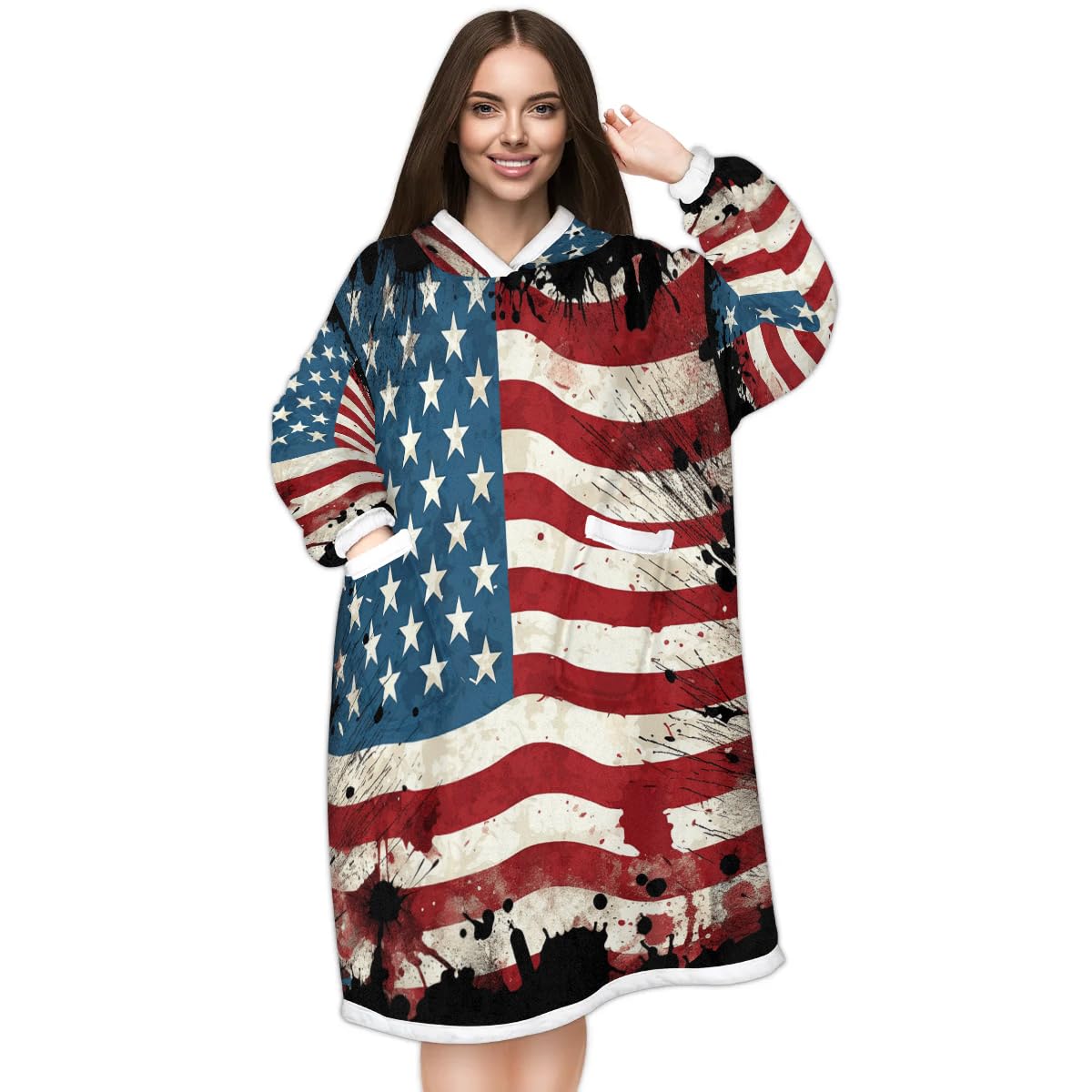 Vintage American Flag Wearable Blanket Hoodie for Women Men Adults, 4th of July USA Flas Oversized Sweatshirt Blanket Warm Cozy Sherpa Hooded Blanket with Pocket