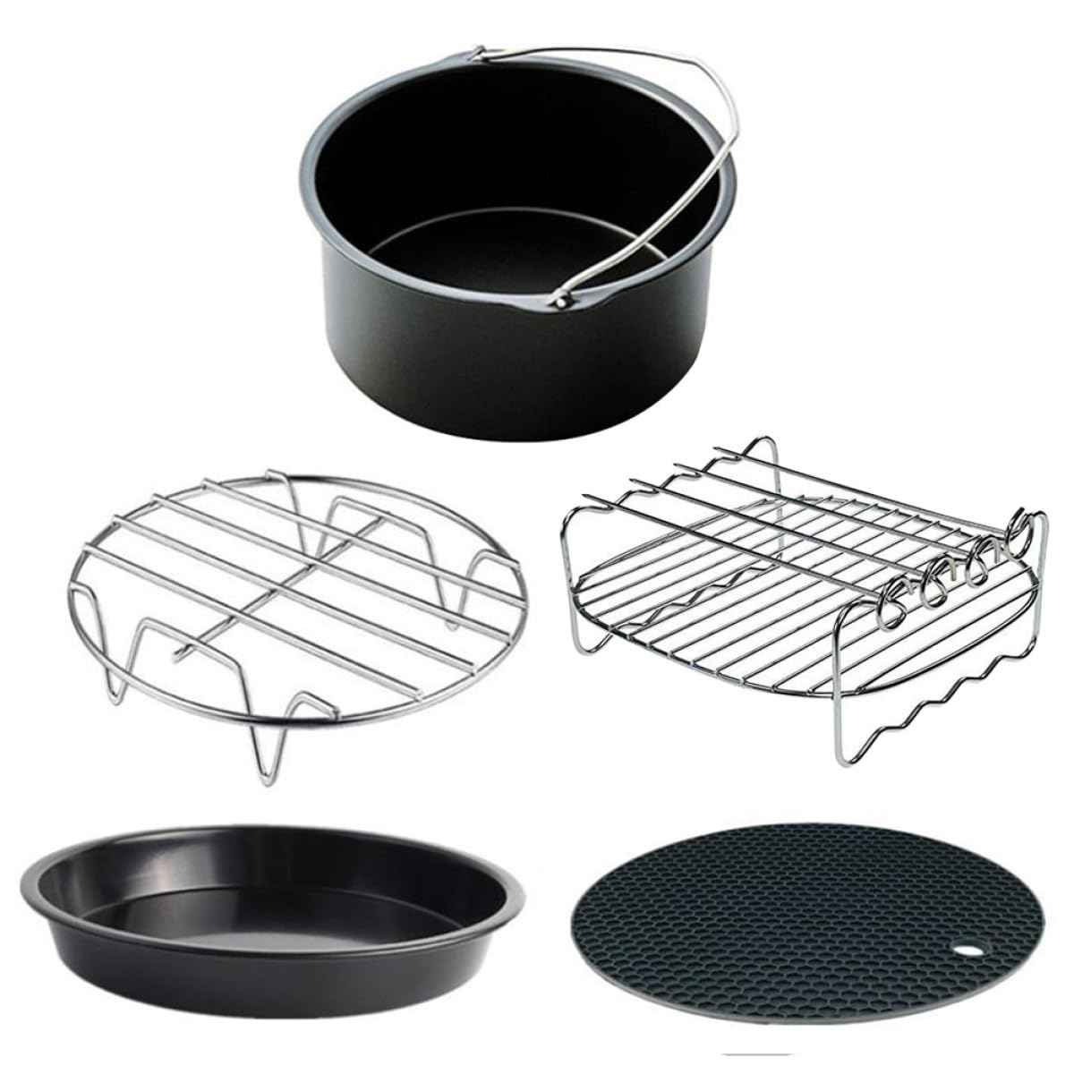 Zubehör für Heißluftfritteuse und Einfach zu Bedienen 5 Stück aus Edelstahl Inklusive Grillplatte Backkorb und Pizzablech für Vielseitiges Kochen
