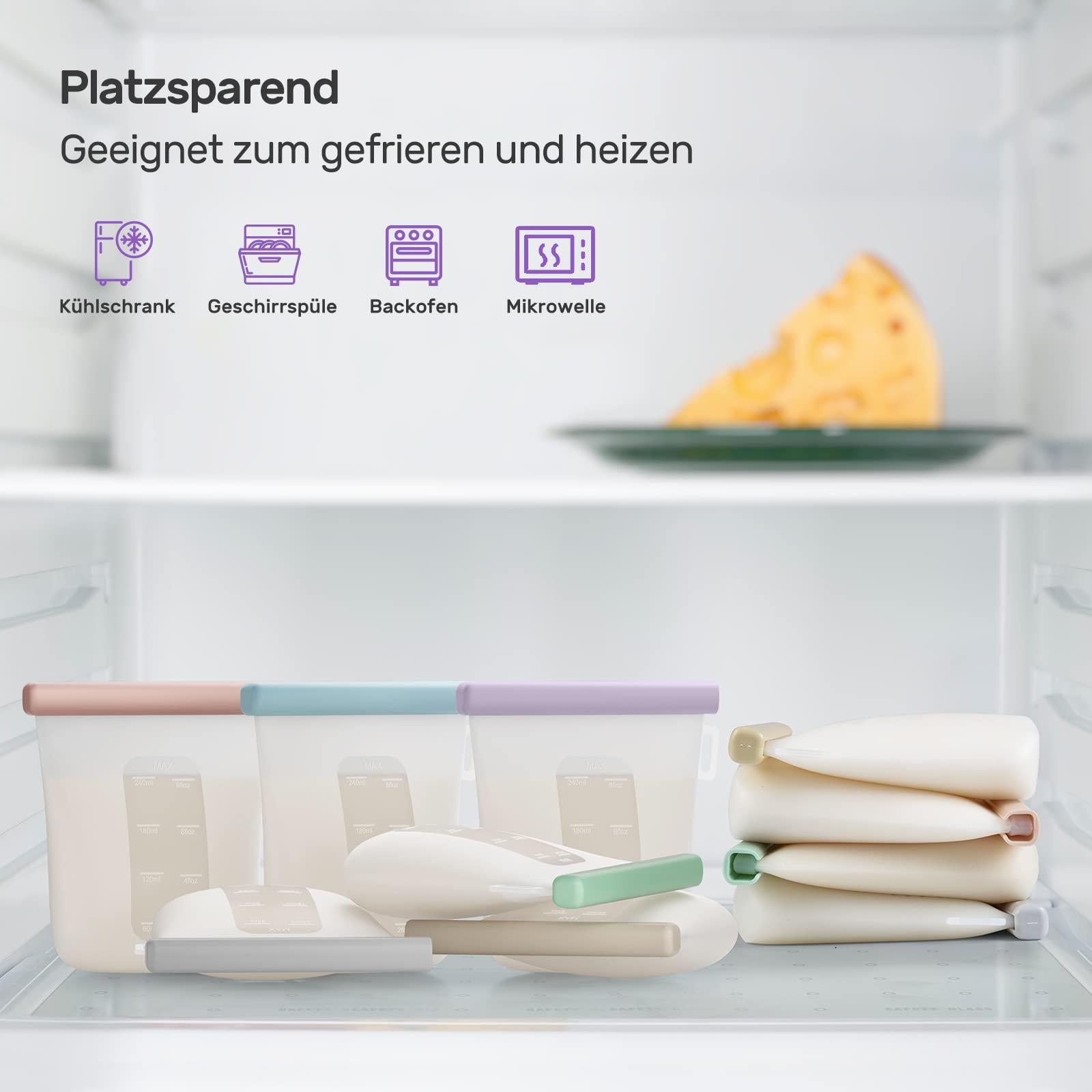 Nuliie 7 Stück Wiederverwendbare Muttermilchbeutel, 8oz/240ml Auslaufsichere Muttermilch Aufbewahrung, Gefrierschrank Lebensmittelqualität Silikon-Milchbeutel für das Stillen, BPA Frei, Selbststehend