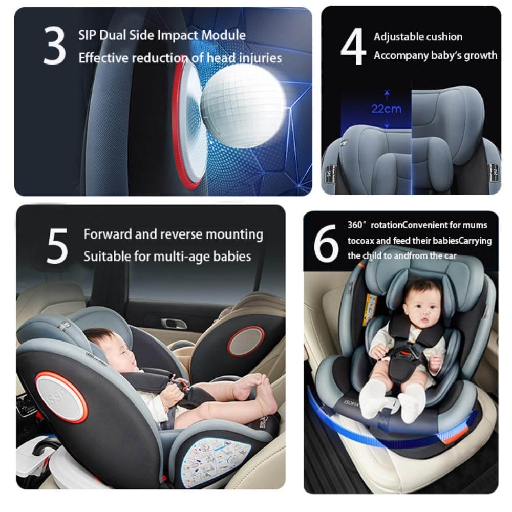 Kindersitz Isofix,Frei drehbarer Autositz mit verstellbarer Kopfstütze für Kleinkinder und Babys mit Fußstütze,Kindersitz Gruppe 0+/1/2/3(Schwarz)