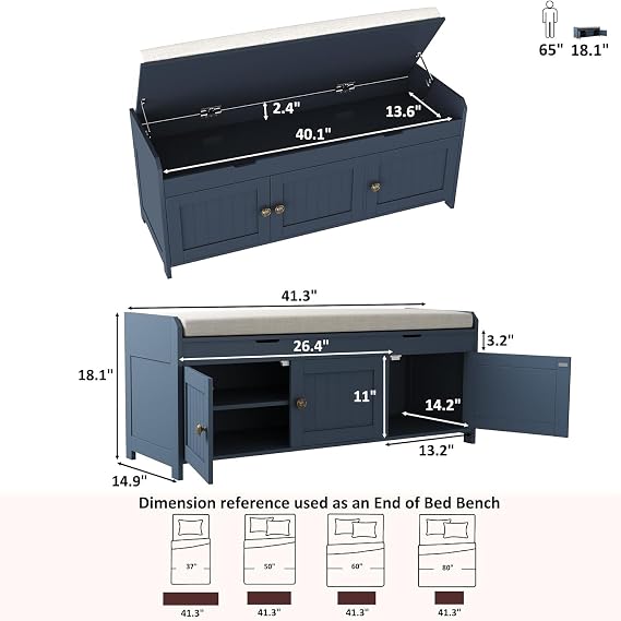 HOME BI Shoe Bench with Lift Top Storage, Entryway Storage Bench with Cushioned Seats, Shoe Rack Bench with 3-Door Cabinet for Entryway, Bedroom, Living Room,Blue