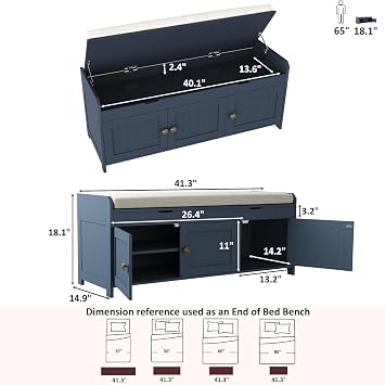 HOME BI Shoe Bench with Lift Top Storage, Entryway Storage Bench with Cushioned Seats, Shoe Rack Bench with 3-Door Cabinet for Entryway, Bedroom, Living Room,Blue
