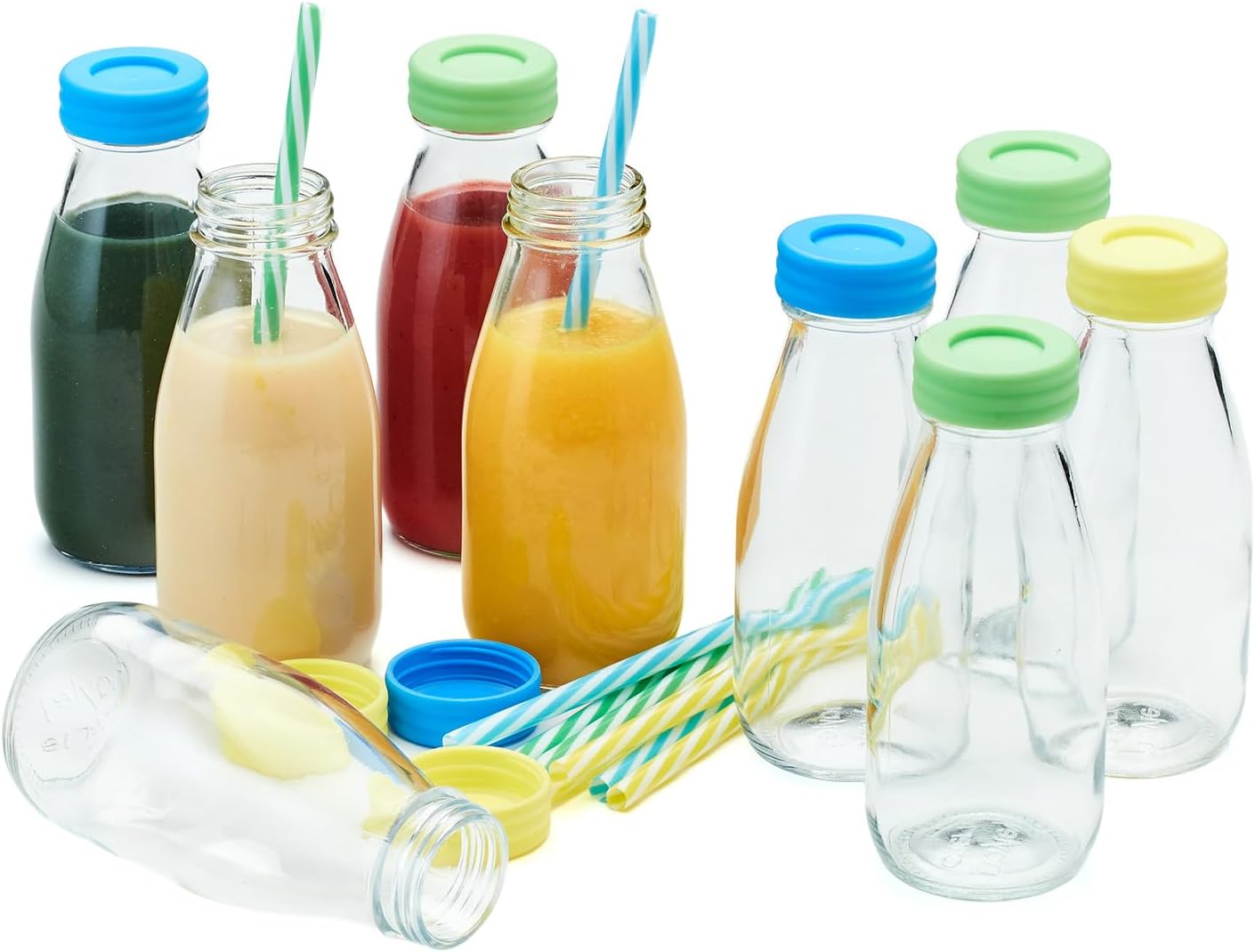 10 oz Glass Milk Bottles with Lids & Straws (9 Pack) Small Airtight Glasses with Caps, Reusable Juicing Bottles for Yogurt, Water, Juice, Smoothies, Drinking, Kids Lunch, Mini Vintage Jars, Container