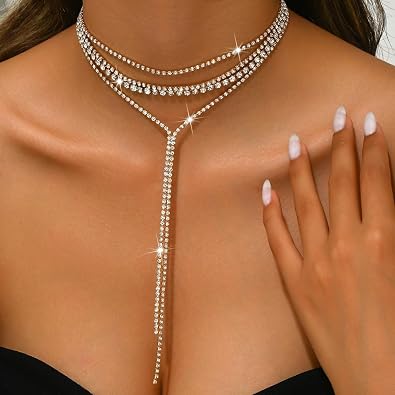 Layered Rhinestone Necklaces for Women Boho Fashion Y Long Neckalce Prom Shinny Black Silver Rhinestones Choker Necklace Wedding Bridal Jewerly
