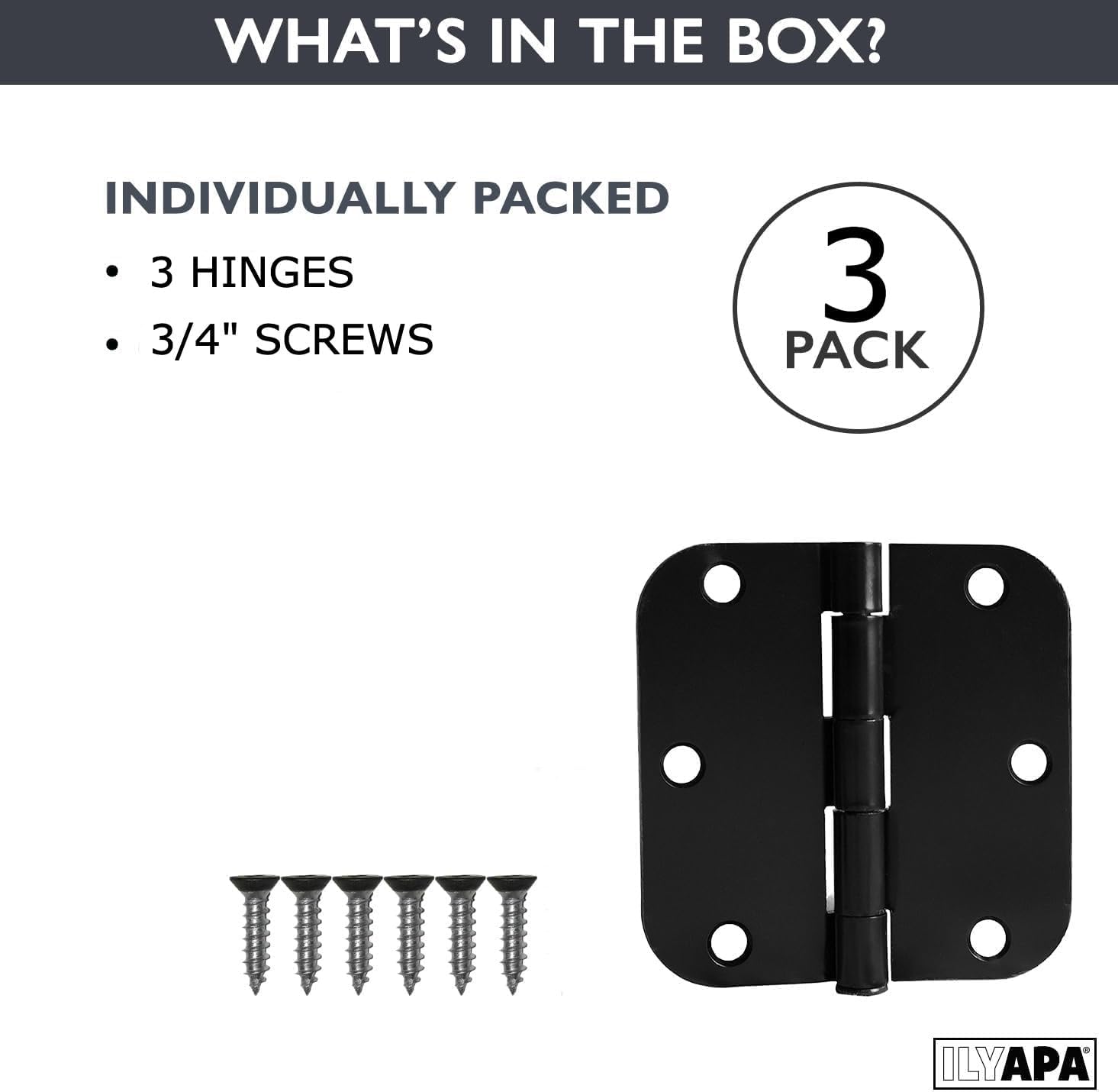 Ilyapa 3 Pack Black Door Hinges for Doors, 3.5 x 3.5 Inch Interior Door Hinges, Matte Black Hinges for Doors 3 1/2 Inches, with 5/8 Inch Radius Corners
