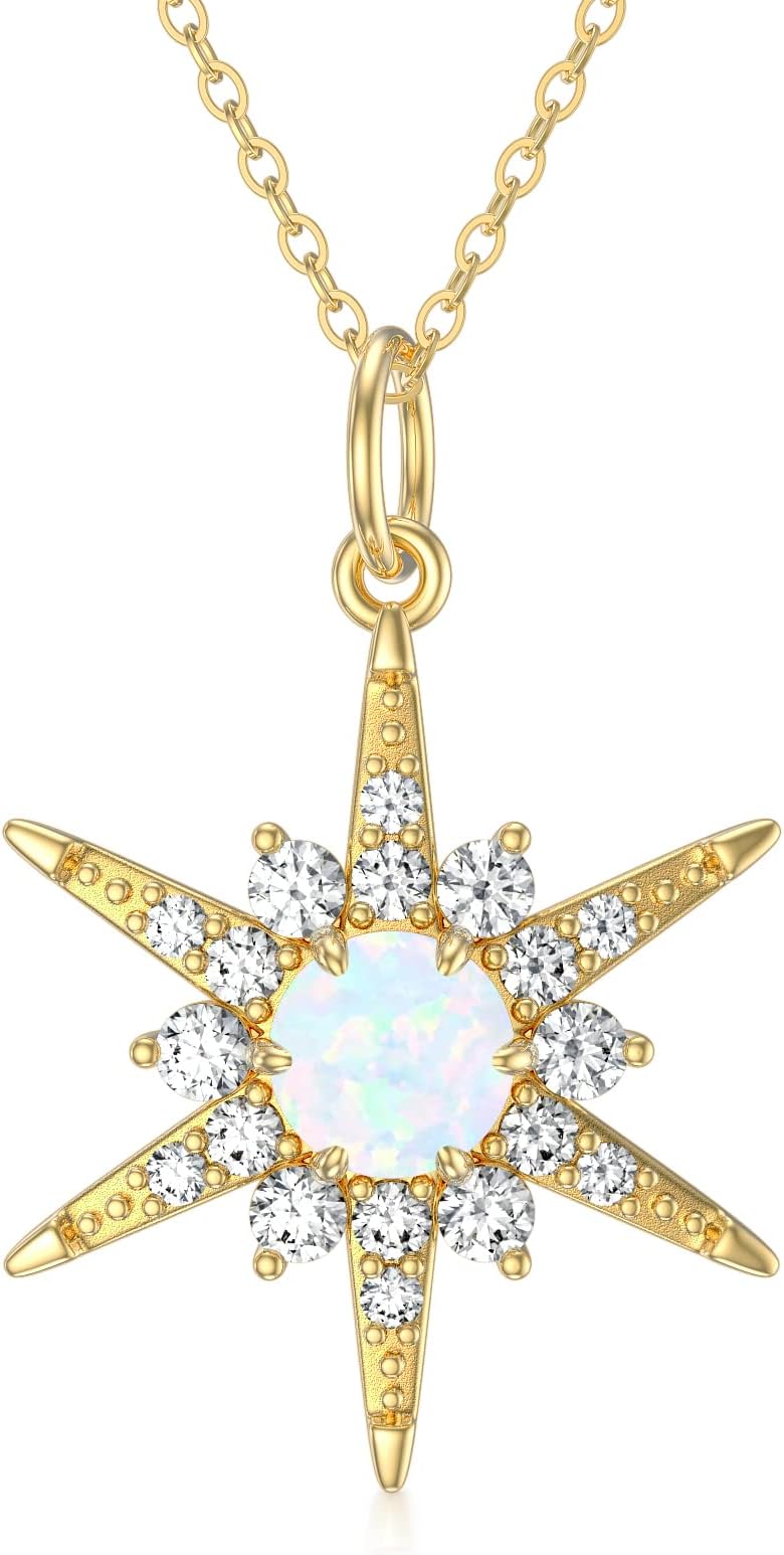 Sun Necklaces for Women 14K Gold with Opal, Sun Pendant Necklaces Yellow Gold, 16''-18''