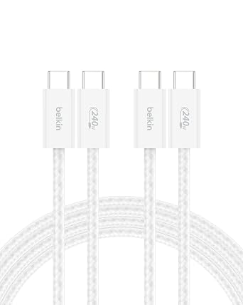 Belkin USB C to USB C Cable 2-Pack, 6.6ft, 240W - USBC to USBC Cable, iPhone Charger Cord, Soft, Braided, Flexible for iPhone 17, Galaxy S25, Pixel 10, MacBook, Chromebook, iPad Pro, Switch - White