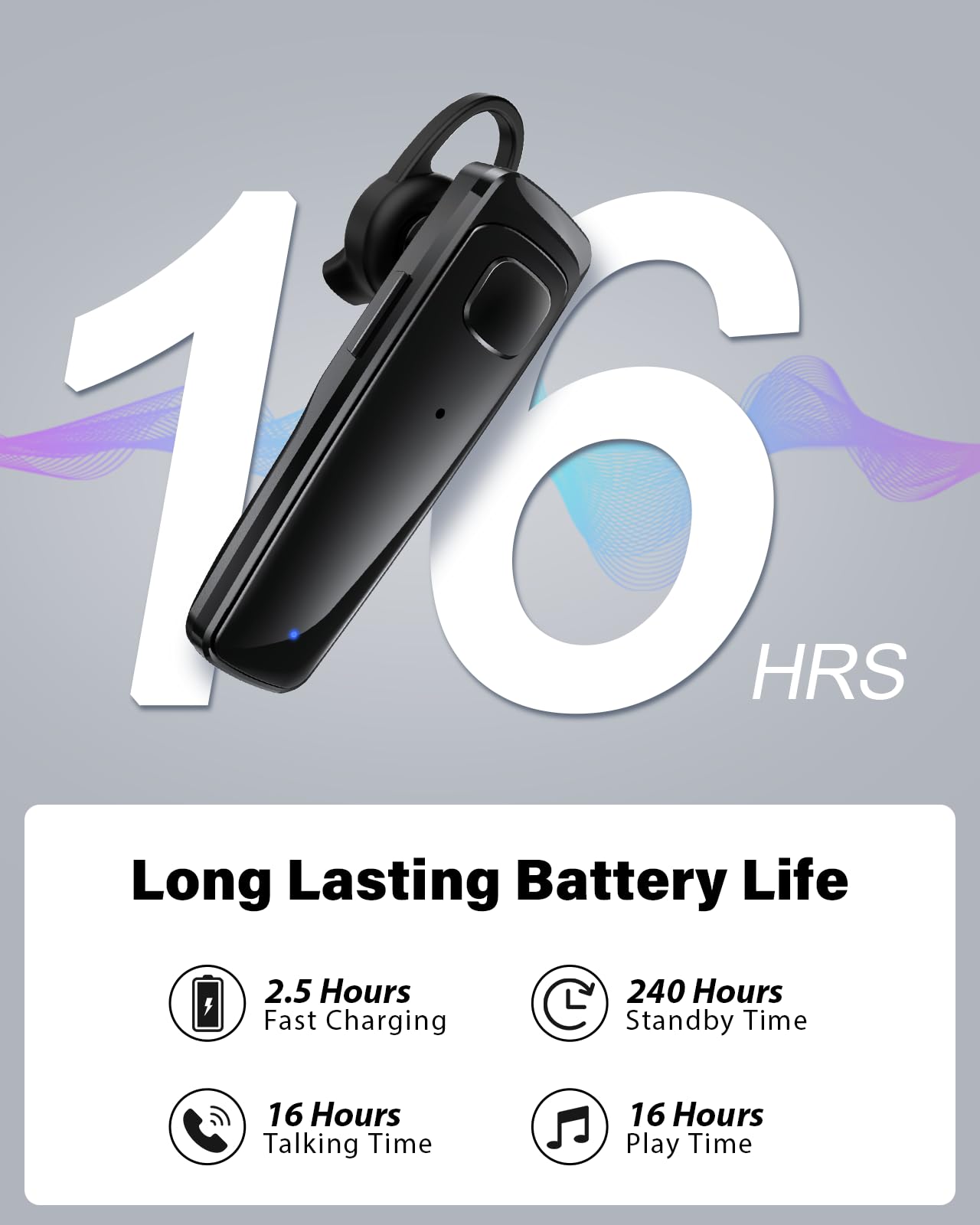 Auriculares Bluetooth, auriculares de negocios de una sola oreja, auriculares manos libres V5.3 con gancho, auriculares inalámbricos de 16 horas de conversación, auriculares Bluetooth con micrófono