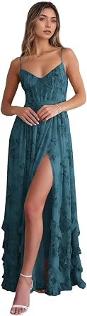 Teal Bridesmaid Dresses for Wedding Floral Maid of Honor Dress Long Ruffle Corset A Line Chiffon Gowns with Slit 2