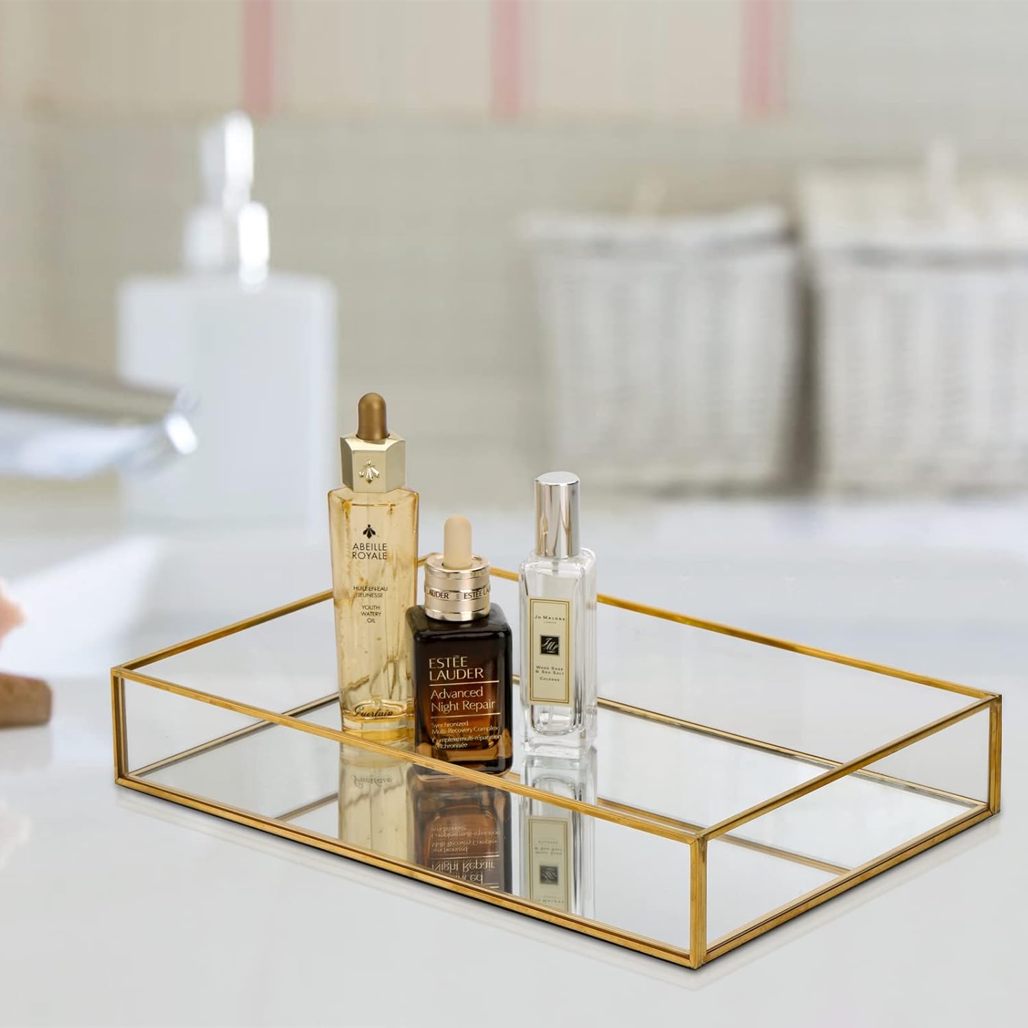 Lyellfe 2 Pack Perfume Trays, Gold Vanity Tray, Decorative Gold Mirror Tray, Non Slip Rectangular Perfume Tray, Jewelry, Bathroom