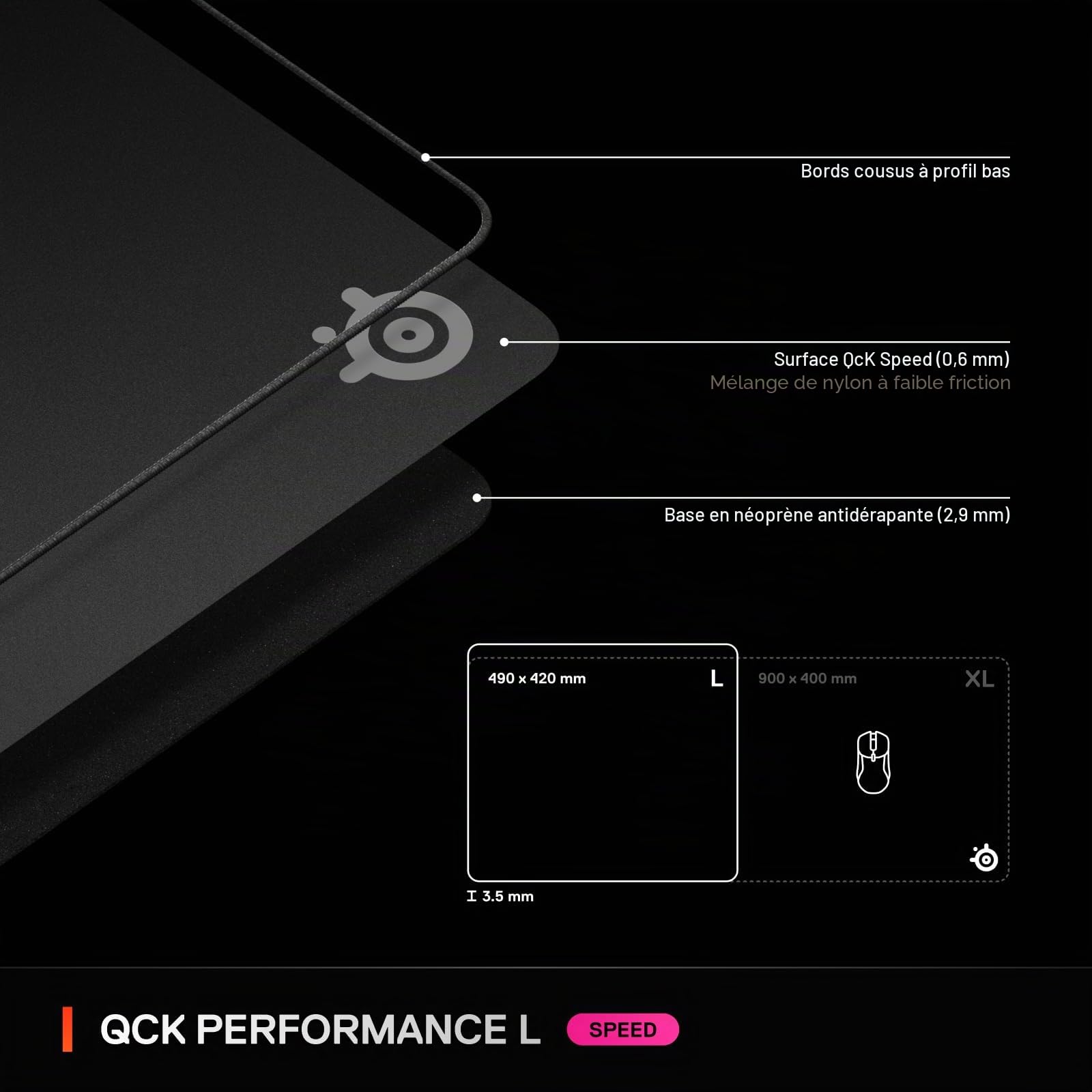 SteelSeries QcK L Performance Speed Tapis de Souris de Jeu – Densité supplémentaire pour Une Glisse Fluide – Coutures discrètes – Base en Caoutchouc néoprène antidérapant – 42 x 49 cm – FPS, MOBAs