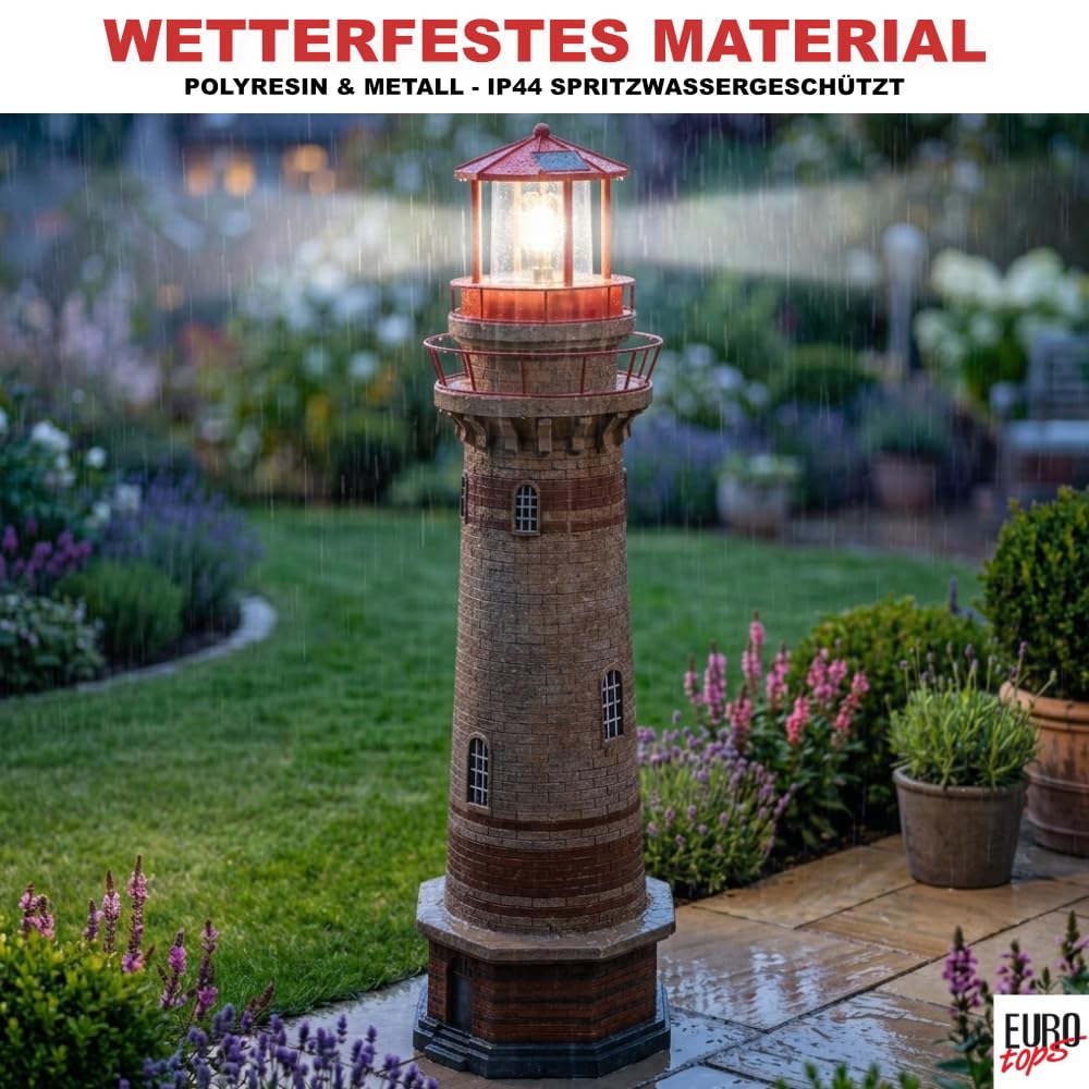 EUROtops Solar-Leuchtturm Kap Arkona Gartenleuchte LED mit Dämmerungssensor, handbemalte Maritime Deko, IP44