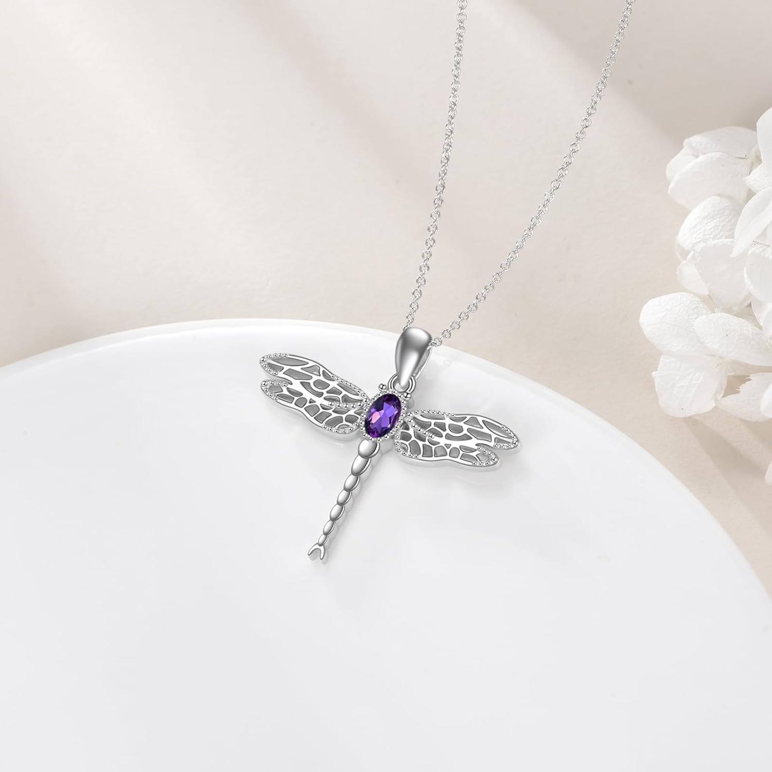 Dragonfly Necklace for Women 925 Sterling Silver Turquoise/Amethyst/Cubic Zirconia/Moonstone Pendant Dragonfly Jewelry Gifts for Women Family Friends - Image 3