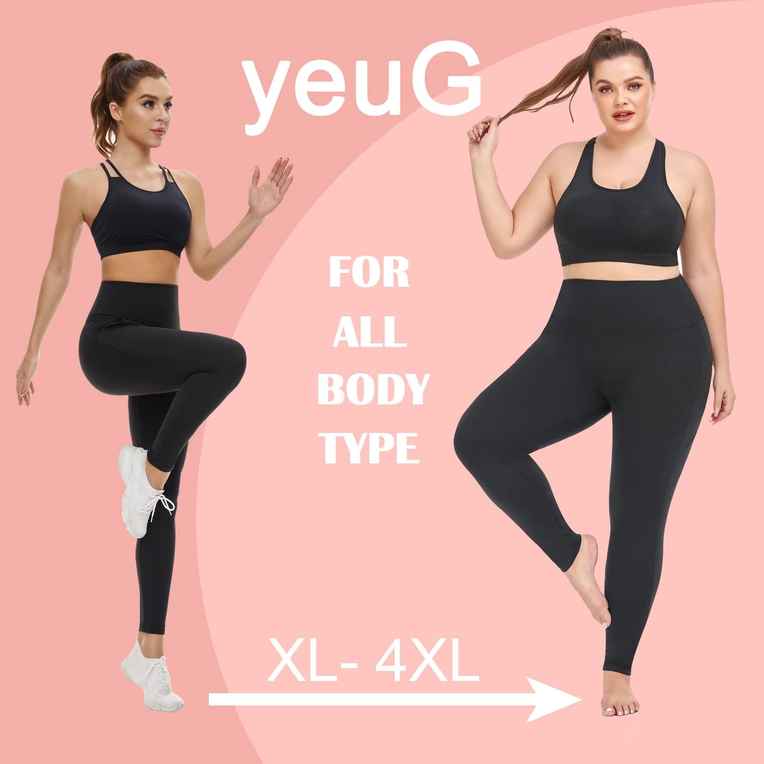 yeuG Women's Plus Size Leggings with Pocket-2 Pack High Waist Tummy Control Yoga Pants Spandex Workout Running Black Leggings