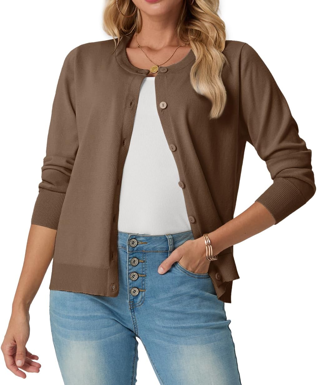 GRECERELLE Women's Lightweight Button Down Long Sleeve Crewneck Cardigan Sweater