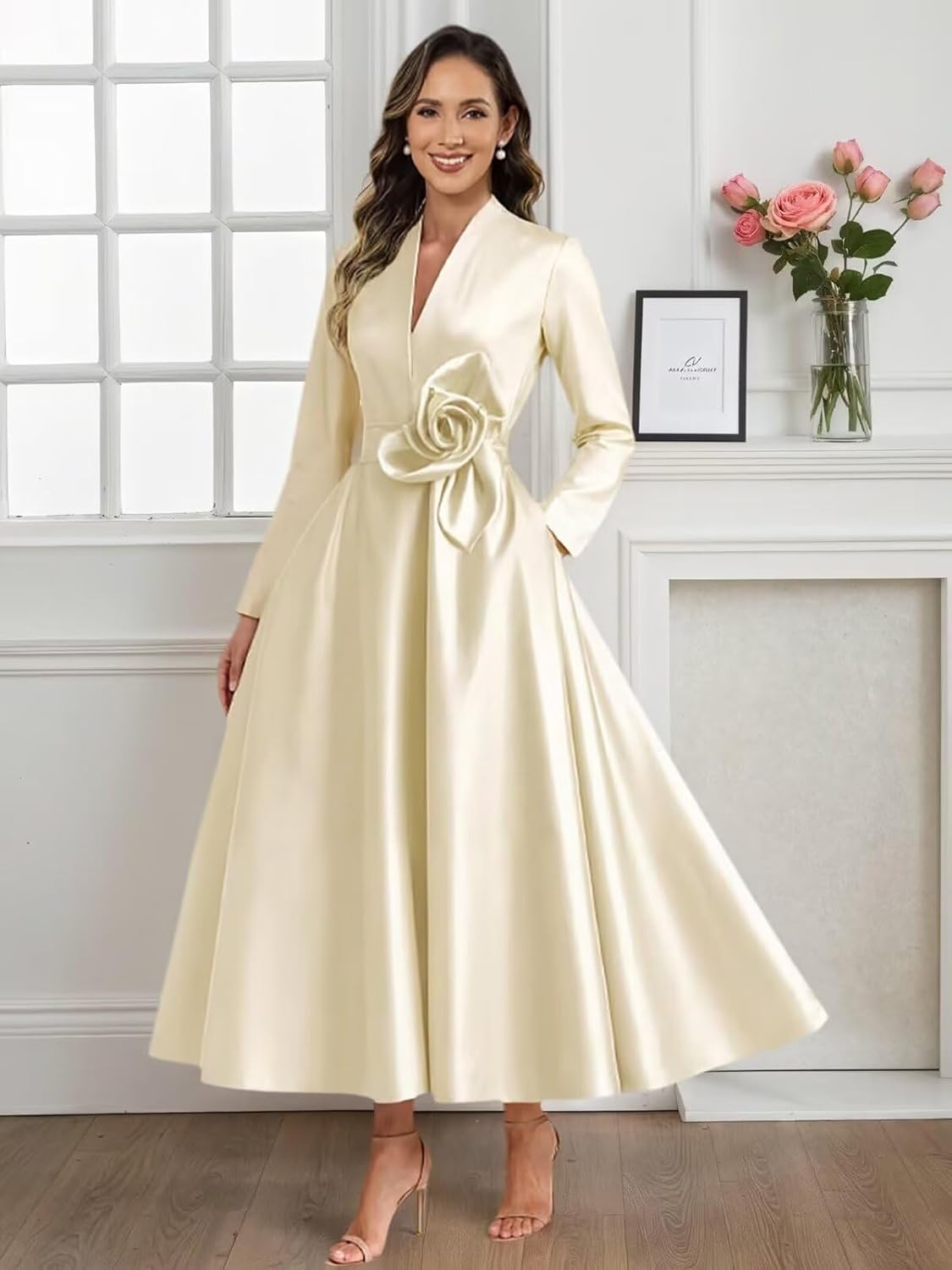Satin Long Sleeve Mother of The Bride Dresses for Women Elegant Tea Length A Line Evening Party Dress - Image 3
