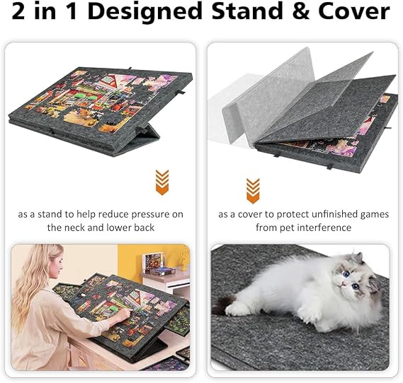 Tilting Jigsaw Puzzle Board, Foldable Puzzle Board with 2-in-1 Designed Stand & Cover, Lightweight Felt Jigsaw Board with 6 drawers, Up to 1000 Pieces(Dark Gray)