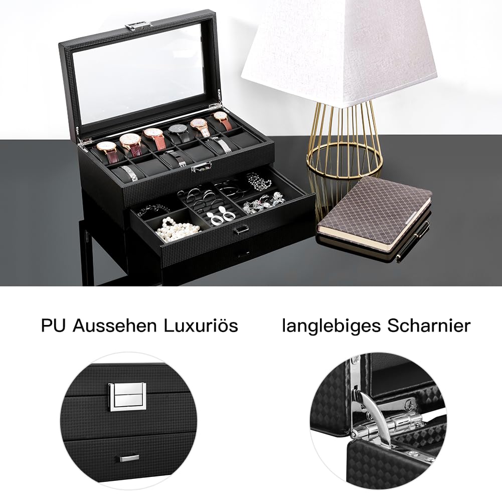 Uhrenbox mit 2 Ebenen,Uhrenbox Schmuck Uhr Aufbewahrungsbox mit Glasdeckel, Uhrenkasten schmuckkästchen Uhrenkoffer 12 Fächer und 1 Schublade für Uhren, Ringe, Armbänder
