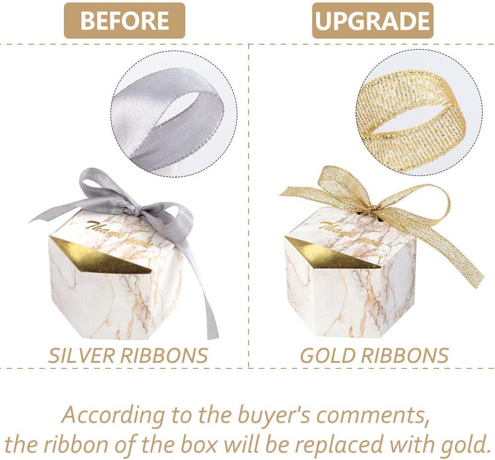AerWo 50pcs Marble Wedding Party Favor Boxes, Gold Candy Boxes Bags Hexagonal Chocolate Treat Gift Boxes with Ribbons for Bridal, Baby Shower Birthday Decoration - Image 2