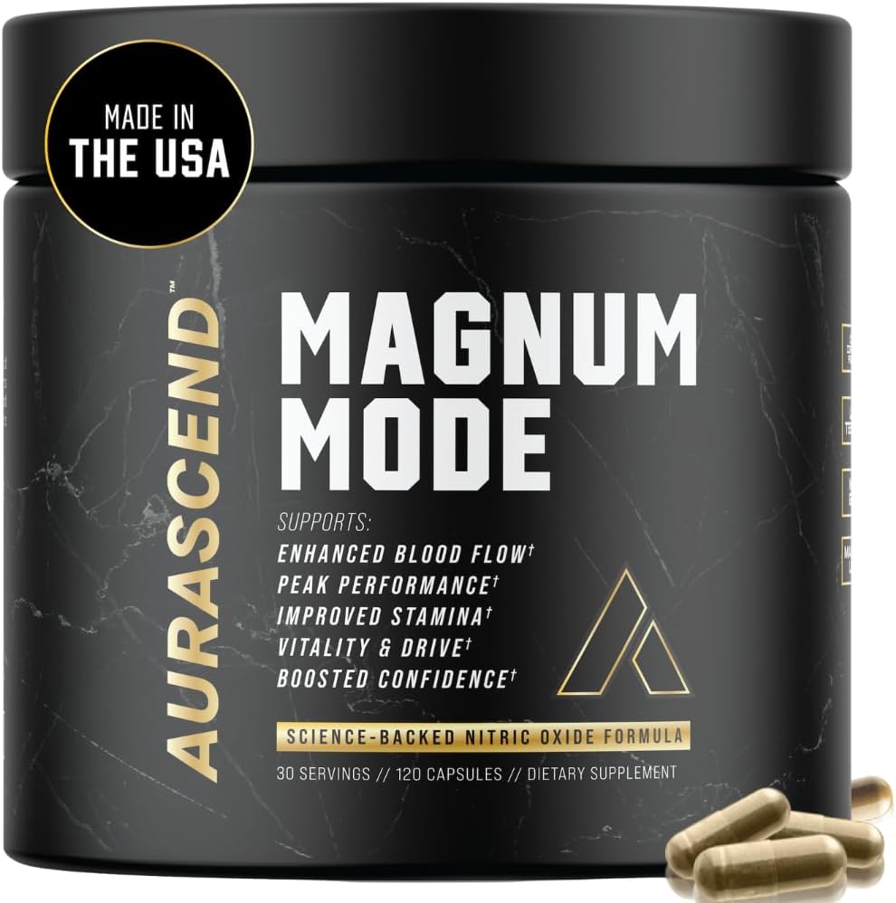 Aurascend Magnum Mode: Nitric Oxide Supplements for Men w/L Arginine, Natural Blood Flow Boost, Stamina Support, Energy Maximizer, Metabolic Pre Workout | 120 Count