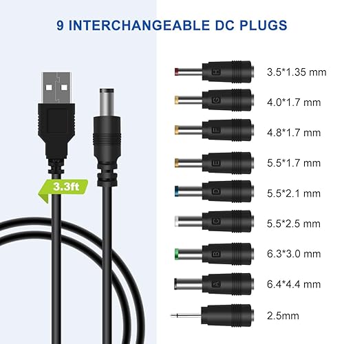 Miniatura 2 de LANMU Cable de alimentación CC de 5 V cable de alimentación universal USB a CC con 9 conectores adaptadores para varita de masaje enrutador lámpara