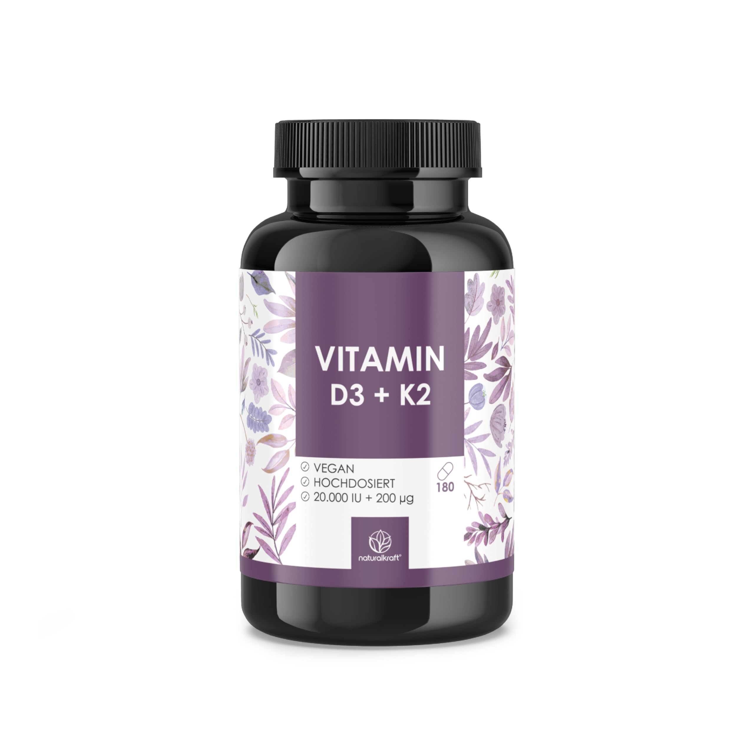 Premium Vitamin D3 + K2-20.000 I.E. + 200 µg – 180 vegane Kapseln – Hochdosiert – Deutsche Markenqualität