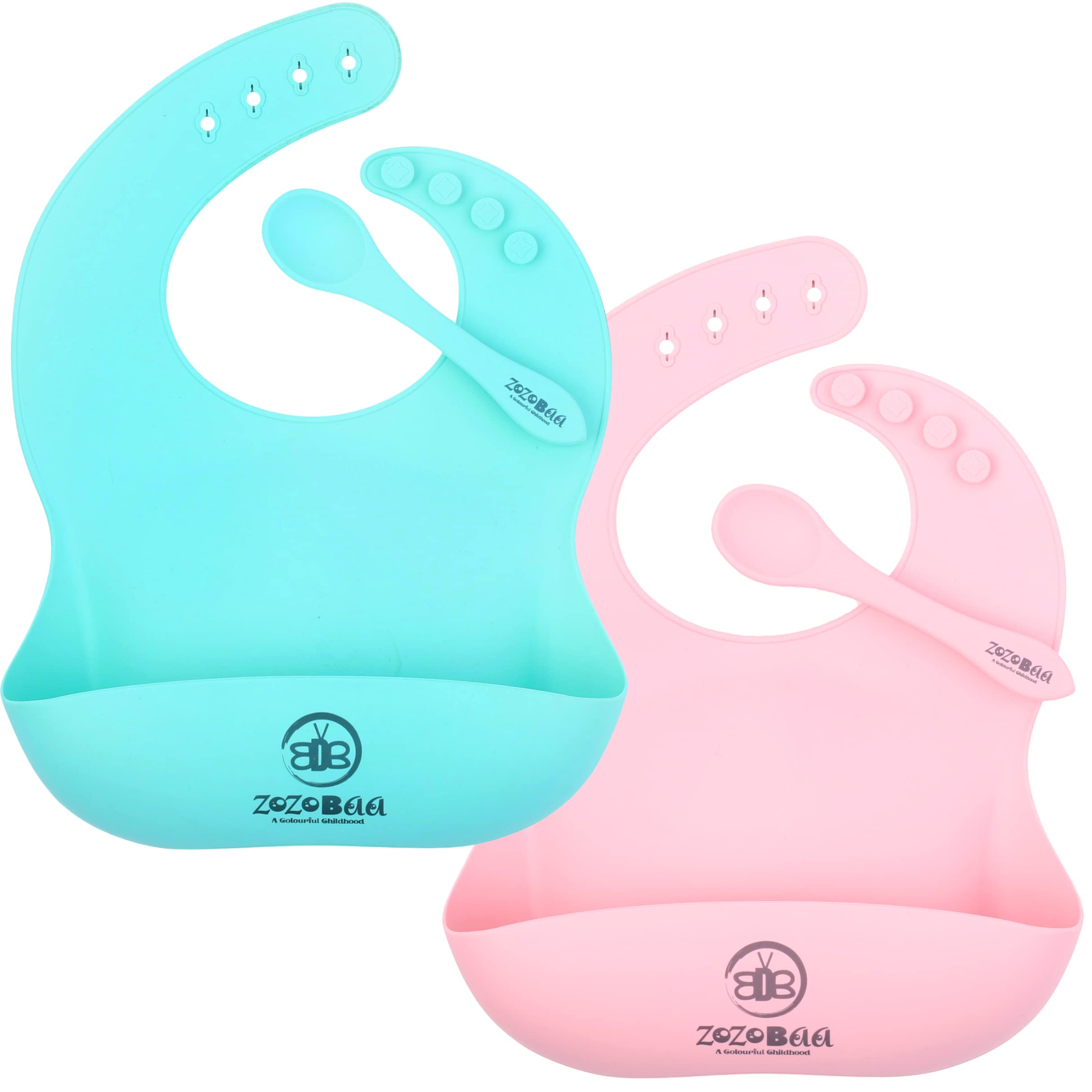 ZoZoBaa Silicone Baby Bib with Easy Grip Spoon For Feeding Toddlers|Waterproof & Reusable Bib with button for Infants |Soft, Light Weight, BPA Free, 2 Set, Mint Green & Pink-picture-12