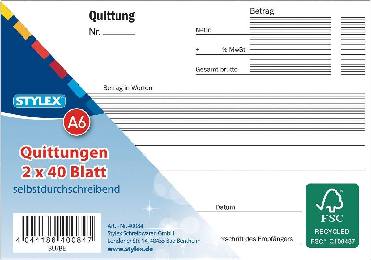 Stylex Quittungen, A6, 2 x 40 Blatt, selbstdurchschreibend (20)