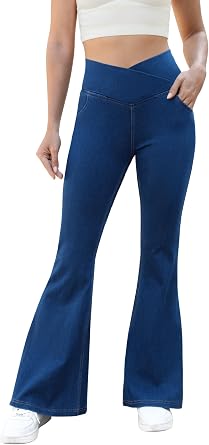 COPYLEAF Bell Bottom Jeans for Women Trendy Crossover Stretchy Jeans Flare Leggings with Pockets Y2k Butt Lifting Jeggings