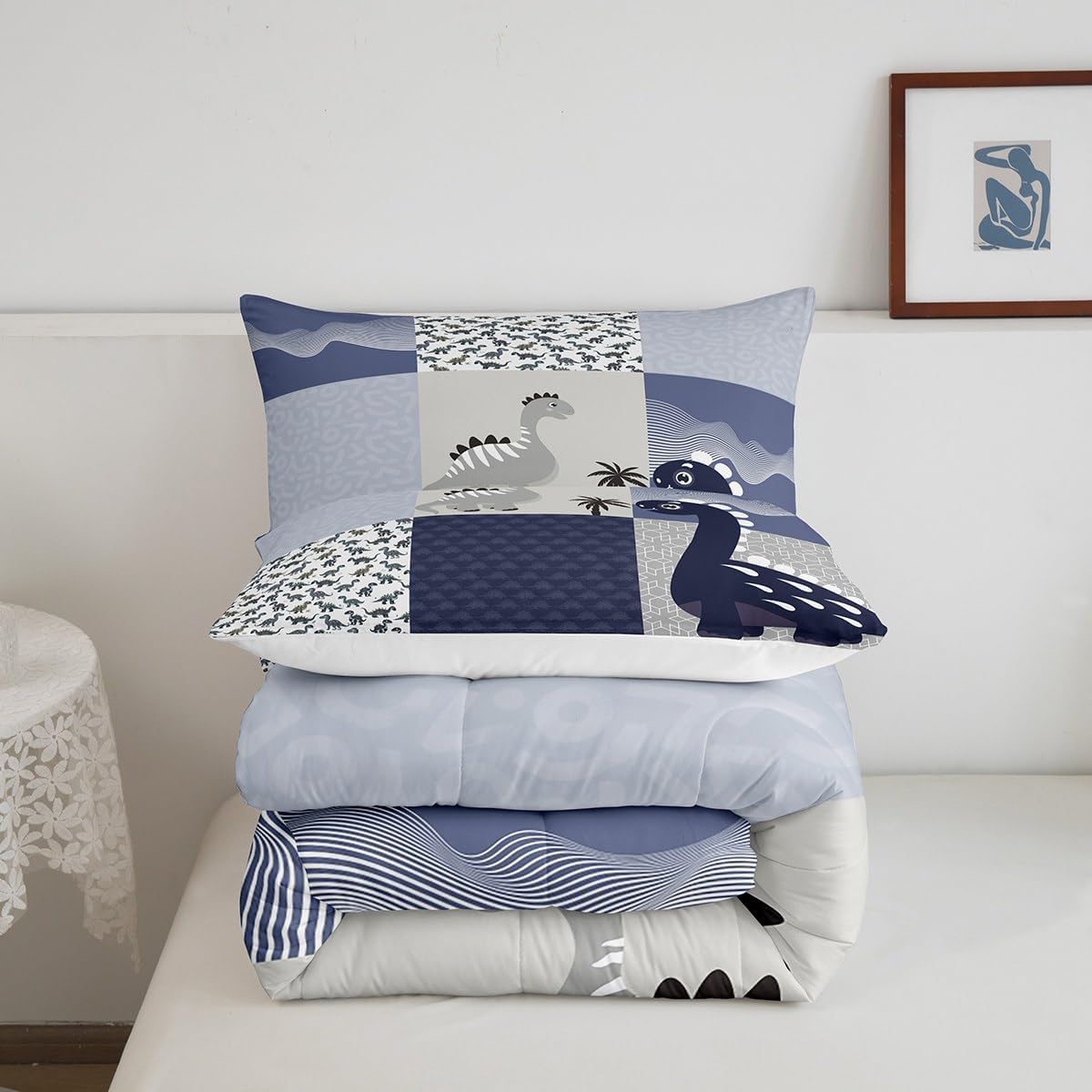 Feelyou Cute Dinosaur Comforter Set Full Geometric Bedding Set for Kids Wildlife Comforter Women Men Teens Ultra Soft Decor Navy Blue Quilt Set