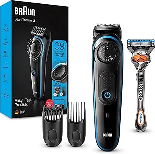 Braun beard trimmer bt3240, beard trimmer for men and hair clipper, 39 length settings, black/blue