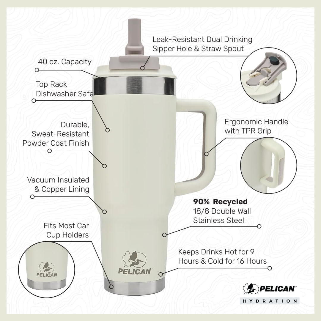 Pelican Porter™ Dual - 40 oz. Dual Lid, Recycled Double Wall Stainless Steel Travel Tumbler, Linen - Image 2